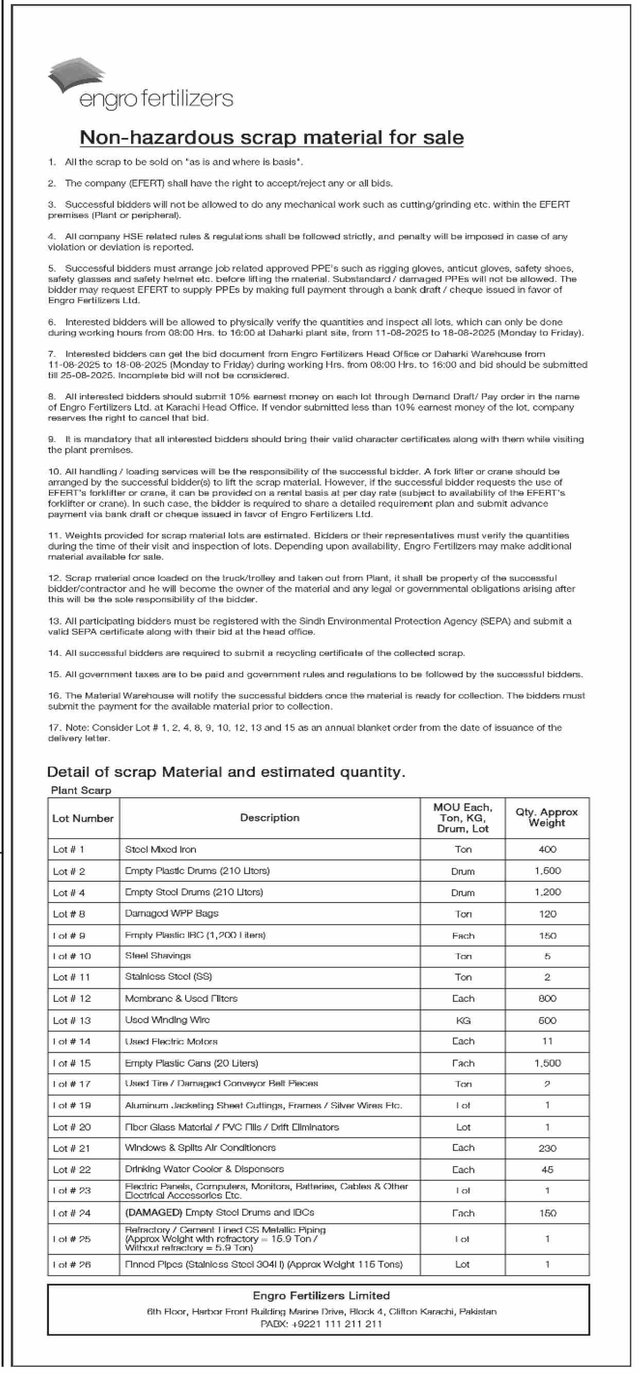 Engro Fertilizer Karachi Tender Notice